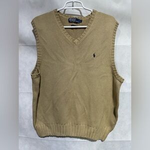 VTG Polo Ralph Lauren Tan Sweater Vest v-neck chunky pullover embroider Logo L